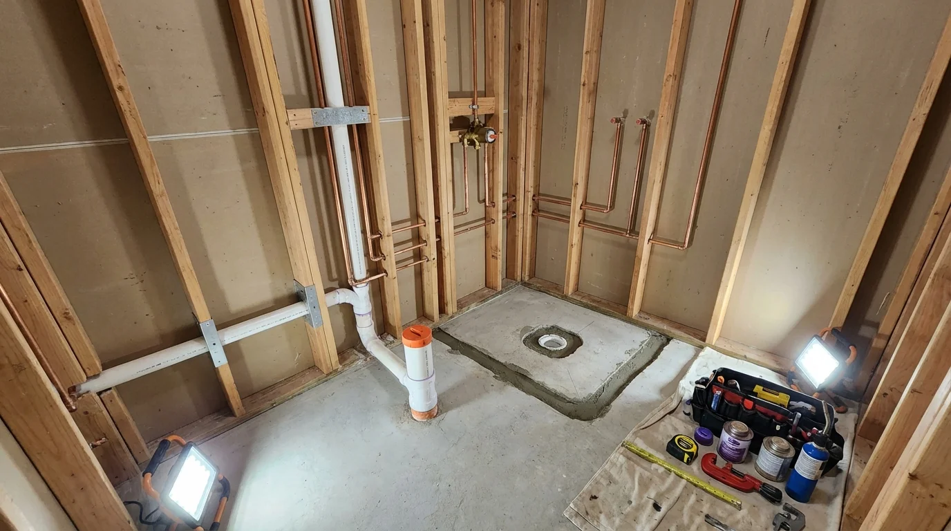 Bathroom rough-in plumbing during remodel by Johns Plumbing LLC in Pewaukee