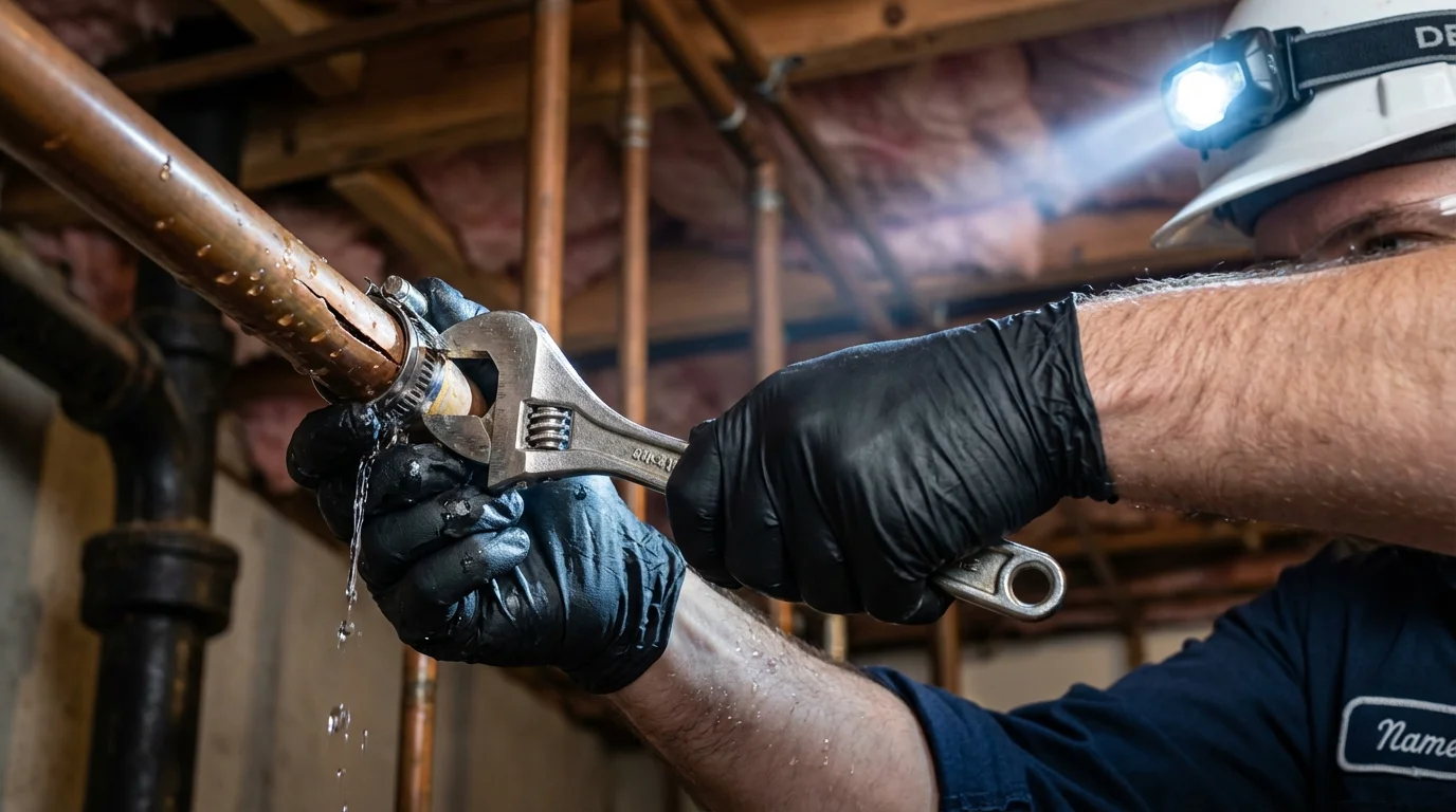 Emergency pipe clamp repair being performed by a Johns Plumbing LLC plumber in Pewaukee