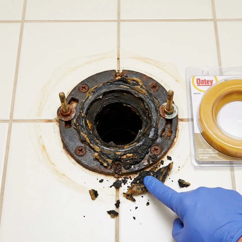 Failed wax ring showing water seepage at the base of a toilet in a Pewaukee, WI home