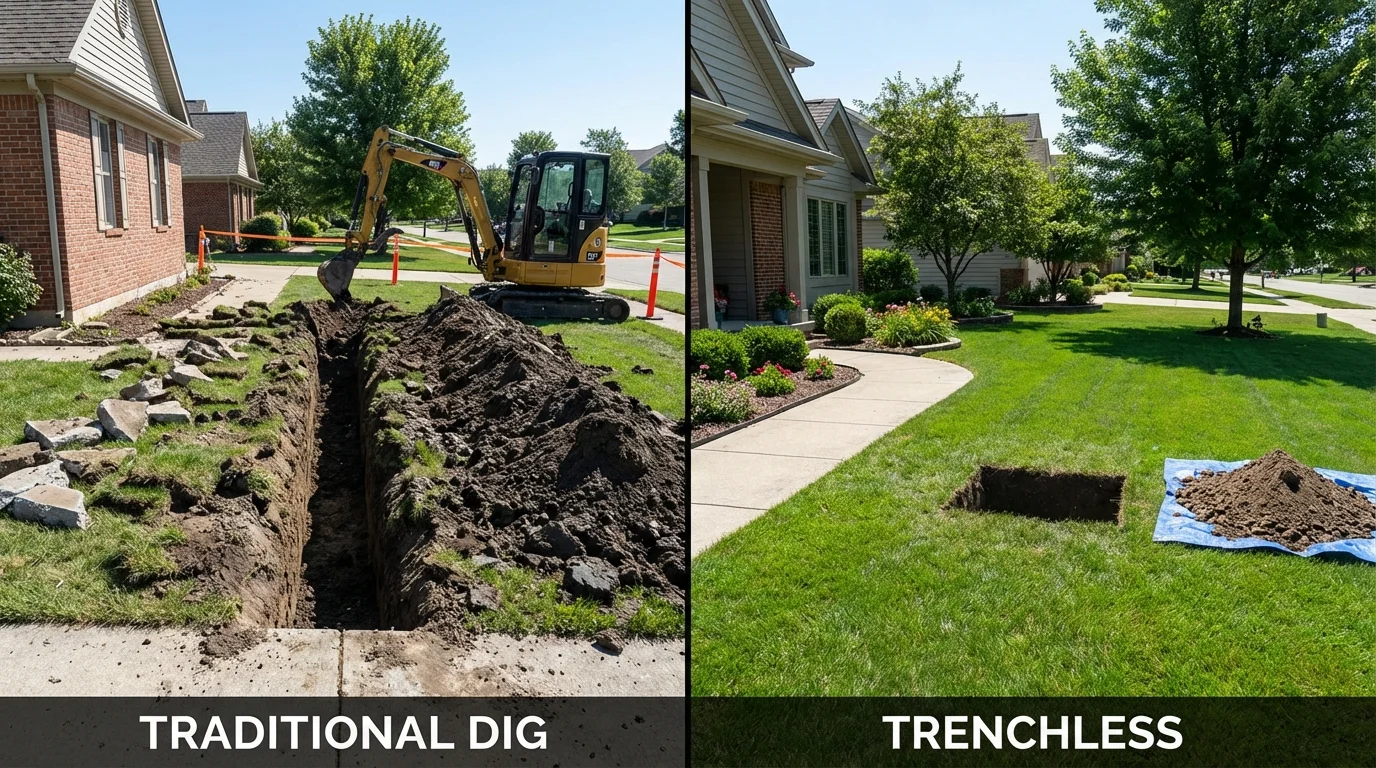 Trenchless sewer repair with minimal yard damage versus traditional excavation in Pewaukee, WI